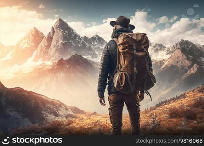 Man on mountain background. Illustration AI Generative