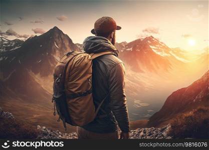 Man on mountain background. Illustration AI Generative