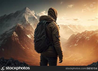 Man on mountain background. Illustration AI Generative