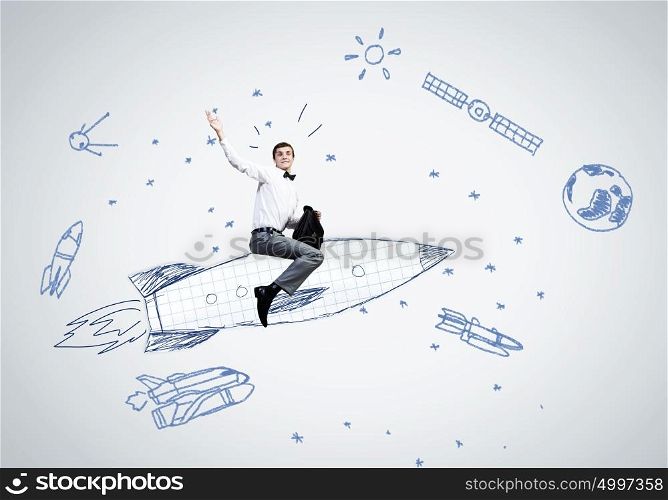 Man on rocket. Young businessman,an flying in sky on drawn rocket