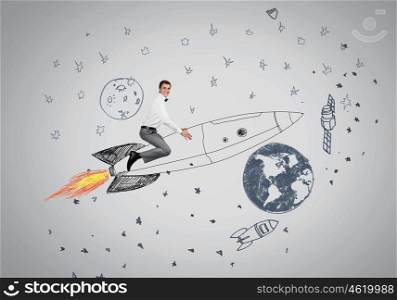 Man on rocket. Young businessman flying in sky on drawn rocket