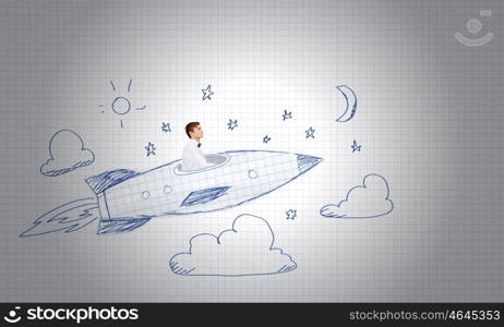 Man on rocket. Young businessman flying in sky on drawn rocket