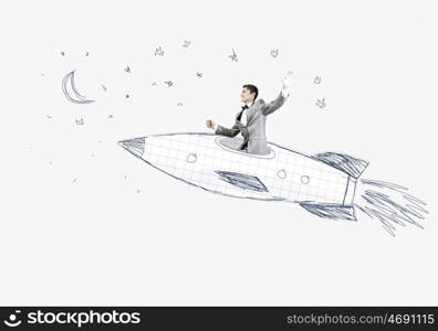 Man on rocket. Young businessman flying in sky on drawn rocket