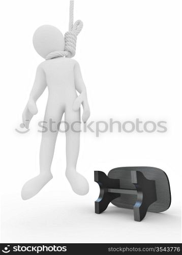 Man on the gallows on white isolated background. Suicide. 3d