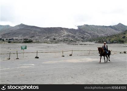 Man on the horse near volcano Bromo in Indonesia