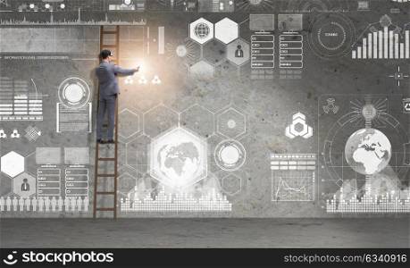 Man on the ladder in data management concept