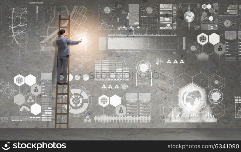 Man on the ladder in data management concept