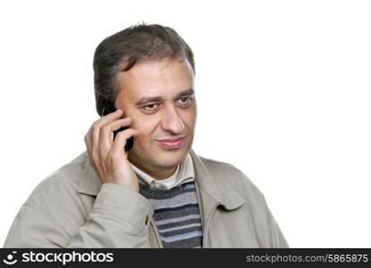 man on the phone over a white background