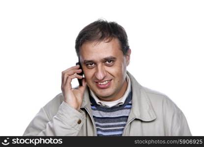 man on the phone over a white background