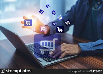 Man online store shopping on internet concept on virtual screen