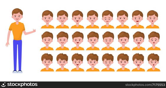 Man or teenager boy - cartoon character creation set, constructor. Isolated elements - full length person and portraits with emotions (neutral, joy, anger, sadness, surprise) and haircuts. Vector flat. character VR concept