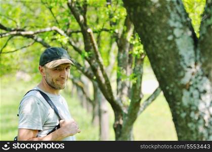 man outdoor in nature walking have relaxation and recreation