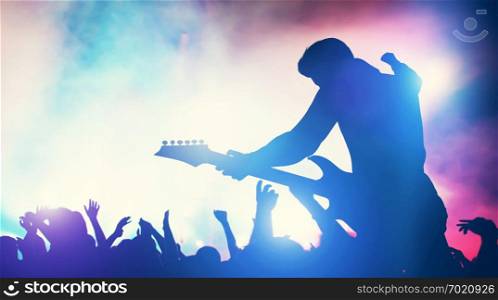 Man performing on music concert. Cheering crowd, fans, entertainment. Music industry. 3D illustration.. Man performing on music concert.