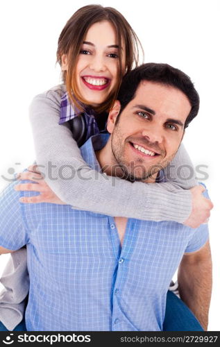 Man piggyback his girlfriend on a white background