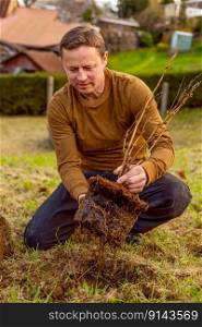 Man plants tree in the garden. Nature, environment and ecology concept. Man plants tree in the garden. Nature, environment and ecology concept.