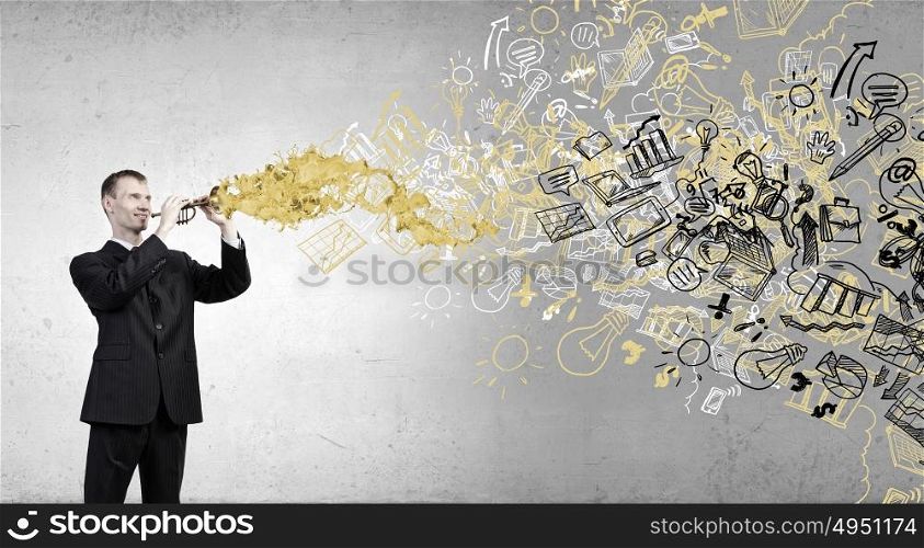 Man play flute. Young businessman in black suit playing flute