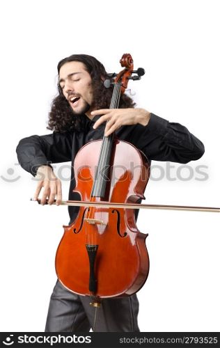 Man playing cello on white