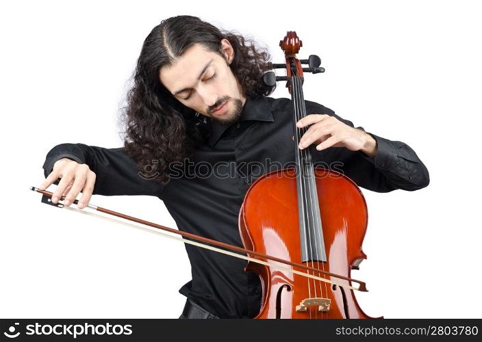 Man playing cello on white