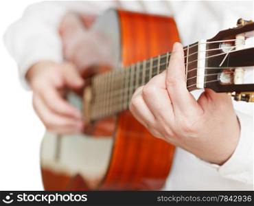 man playing classical guitar close up isolated on white background