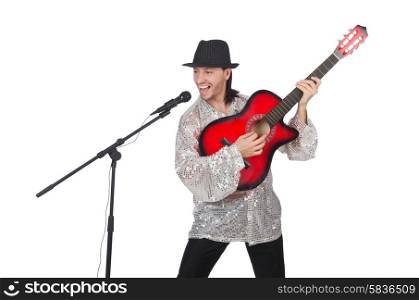 Man playing guitar and singing isolated on white