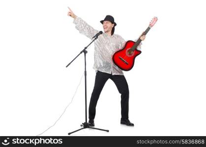 Man playing guitar and singing isolated on white