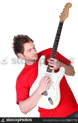 Man playing guitar isolated on white background