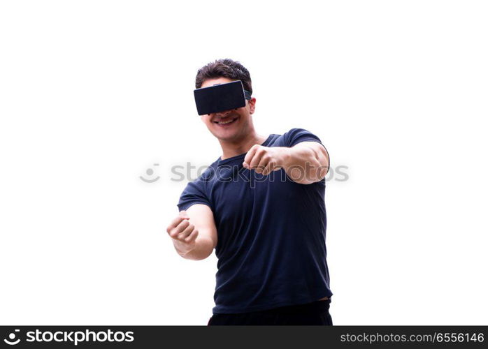 Man playing with virtual reality glasses on white background
