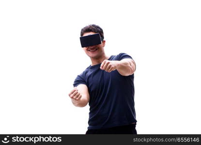 Man playing with virtual reality glasses on white background