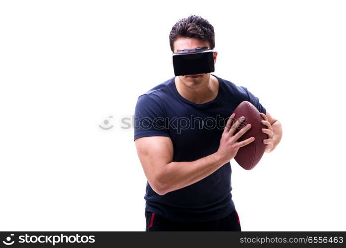 Man playing with virtual reality glasses on white background