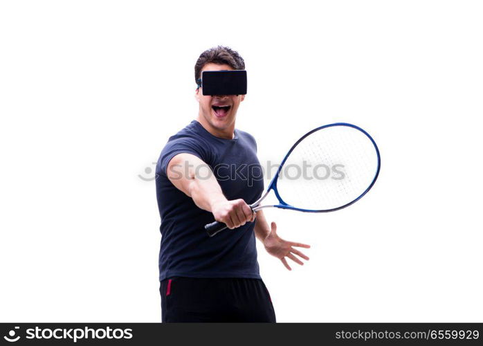 Man playing with virtual reality glasses on white background