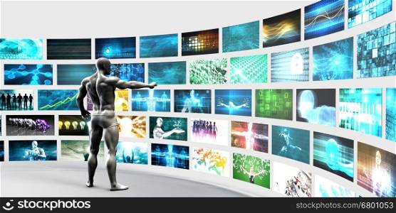 Man Pointing at a Video Wall Filled with Screens. Man Pointing at a Video Wall