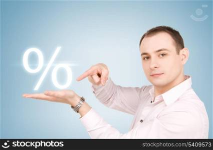 man pointing at percent sign on his hand