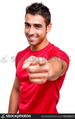 Man pointing front over white background