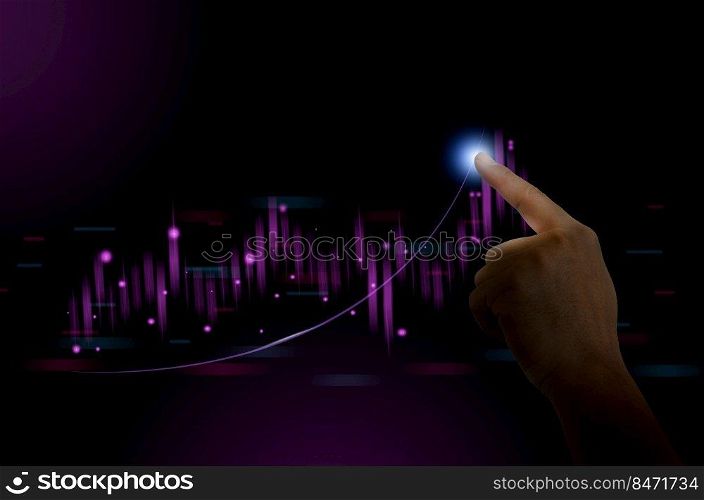 Man pointing with hand at graph of stock market financial exchange statistics and business chart of digital metaverse technology with growth economy concept.