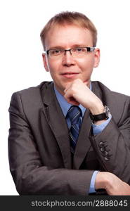 man portrait in grey suit and glasses isolated on white background