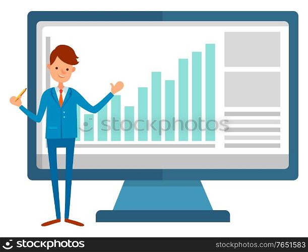 Man presenter showing growth graph in computer, financial report in pc. Worker making presentation, wireless device, infographic and investment vector. Worker and Monitor of Pc, Rising Graph Vector