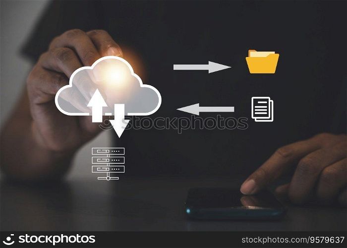Man presenting cloud computing diagram on a virtual screen. Cloud technology and data storage concept with laptop and network server, symbolizing internet service and computing technology.