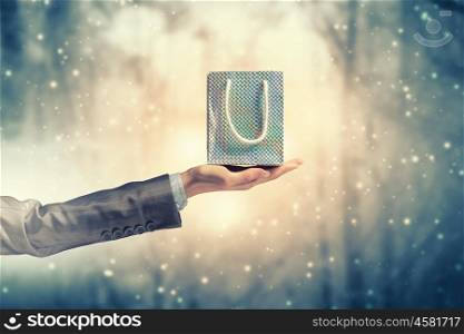 Man presenting his gift. Hand of elegant man holding gift bag in palm
