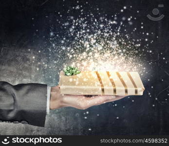 Man presenting his gift. Hand of elegant man holding gift box in palm