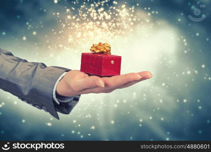 Man presenting his gift. Hand of elegant man holding red gift box in palm