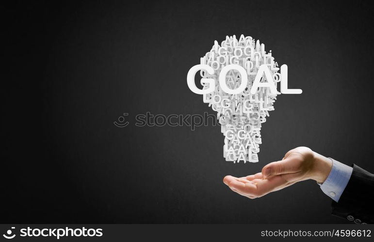 Man presenting idea. Businessman holding in hands successful idea concept