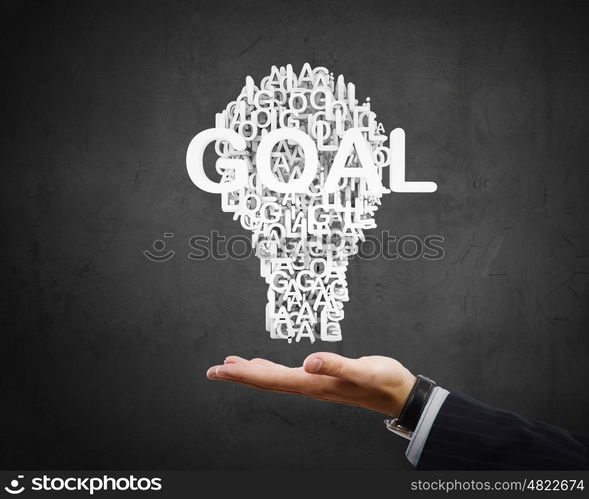 Man presenting idea. Businessman holding in hands successful idea concept