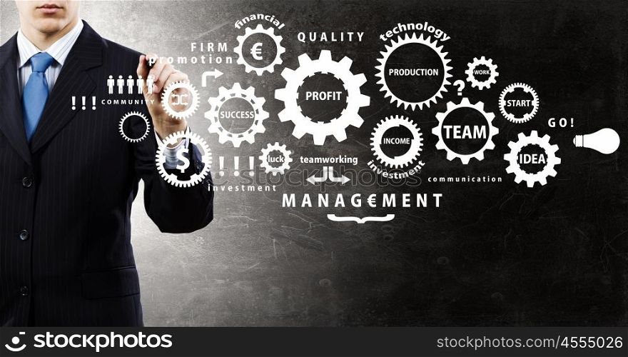 Man presenting teamwork concept. Close view of businessman standing with back and drawing gears mechanism