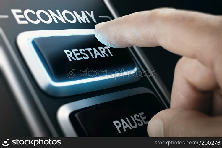 Man pressing a button to restart national economy after crisis. Composite image between a hand photography and a 3D background.. Disaster recovery. Restarting national economies after crisis.