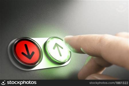 Man pressing a green button with an arrow on a simple board. Composite image between a hand photography and a 3D background.. Elevator up or down buttons concept.