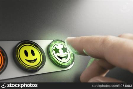 Man pressing a very positive feedback button. Concept of an amazing customer experience (CX). Composite image between a hand photography and a 3D background.. Very Positive Feedback. Amazing Customer Experience (CX).