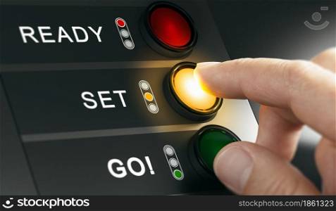 Man pressing countdown buttons on a board to start an event or a race. Composite image between a hand photography and a 3D background.. Getting ready for an event or a race. Countdown start.