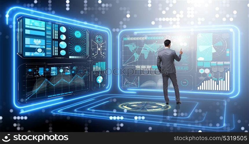Man pressing virtual button in data mining concept