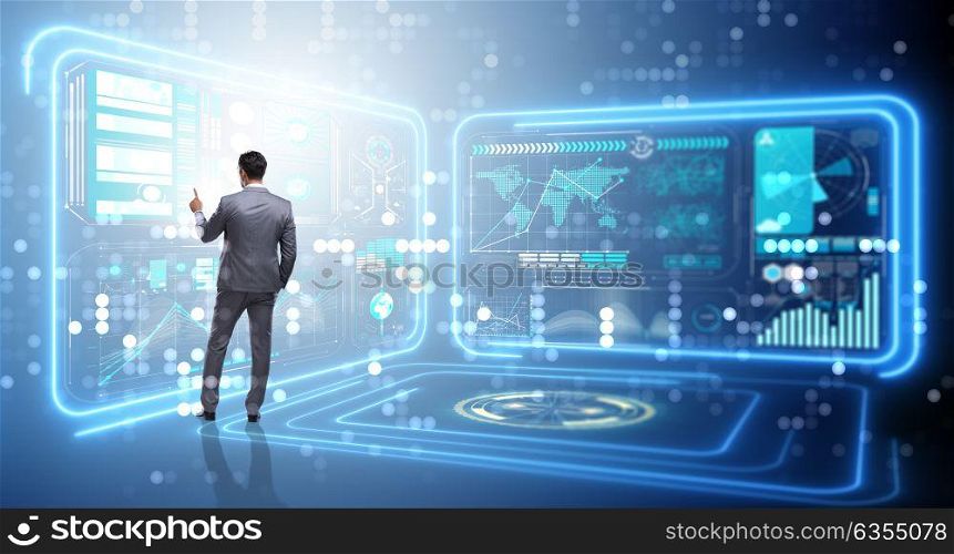 Man pressing virtual button in data mining concept