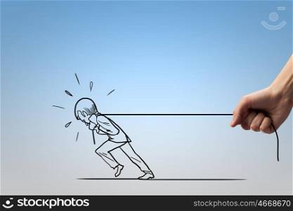 Man pulling rope. Human hand and caricature of man pulling rope